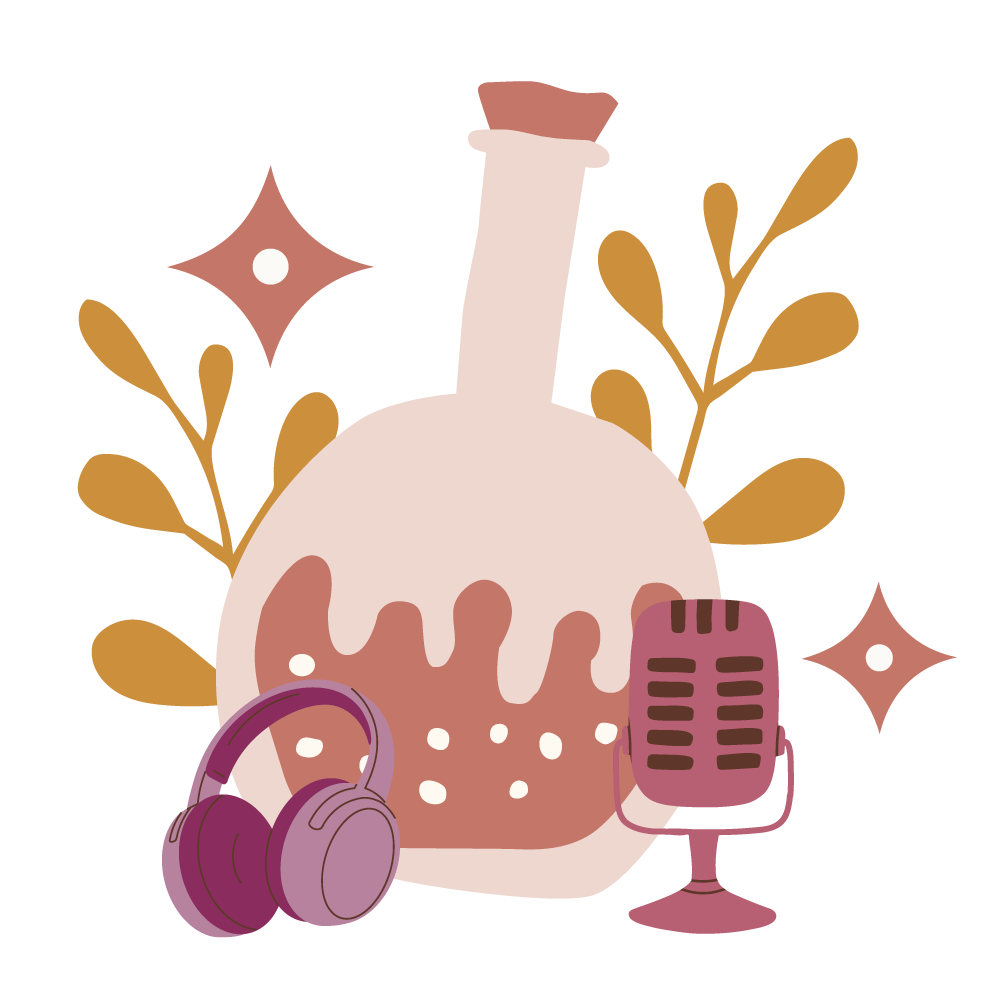 Icon illustartion - Potion bottle with voice over mic and headphones with decorative leaves and stars